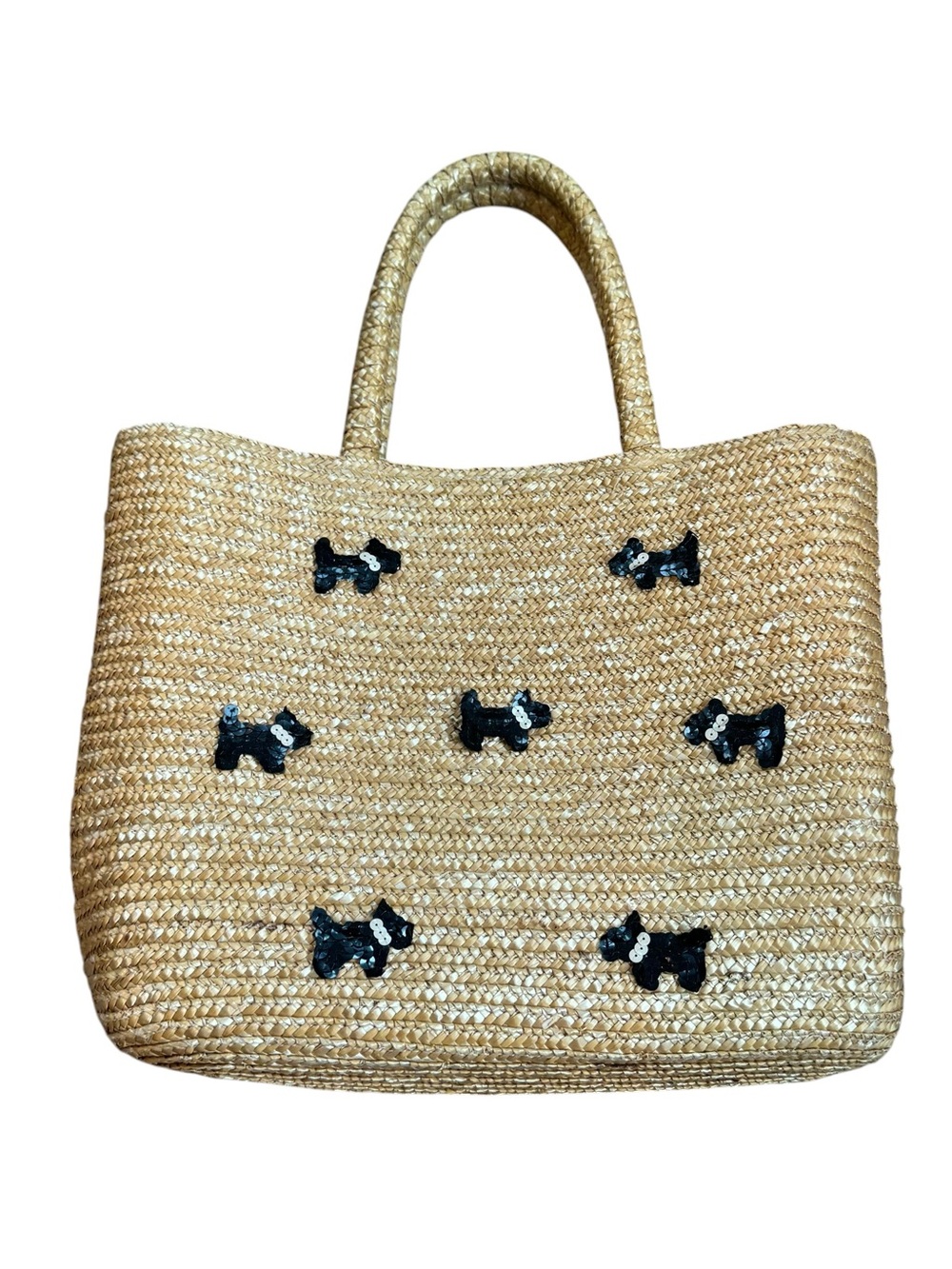 Vintage Cappelli Straw Tote Scottie Dogs Gingham inside Sequins